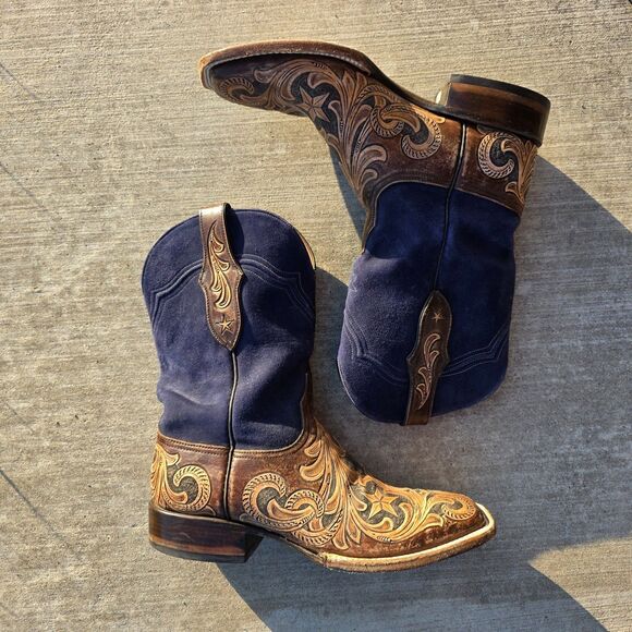 Black Jack Mens 11 Handtooled Stars Square toe Boot Navy Suede